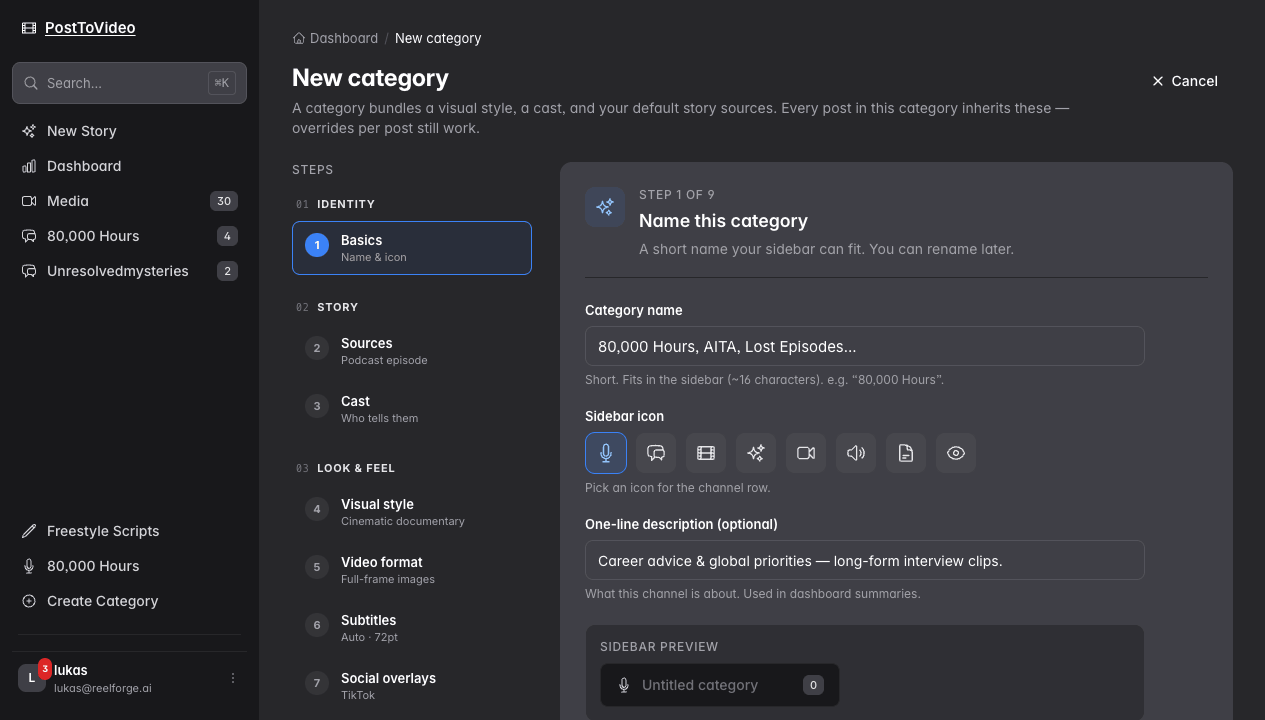 The New category wizard inside PostToVideo: a 9-step setup form covering name, icon, sources, cast, visual style, video format, subtitles, and overlays.