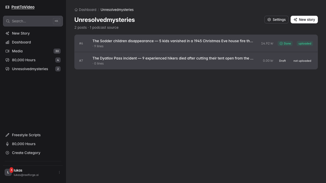The Unresolvedmysteries channel page inside PostToVideo: a list of finished posts with cost, line count, status, and upload state.